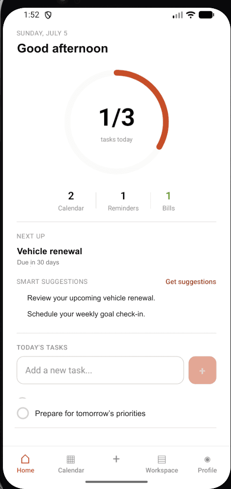 Zetily Today dashboard connecting events, routines and progress